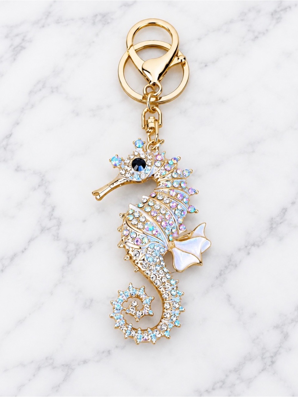 White iridescent Crystal Seahorse Bag Charm/Keyring - Gold Tone Accent
